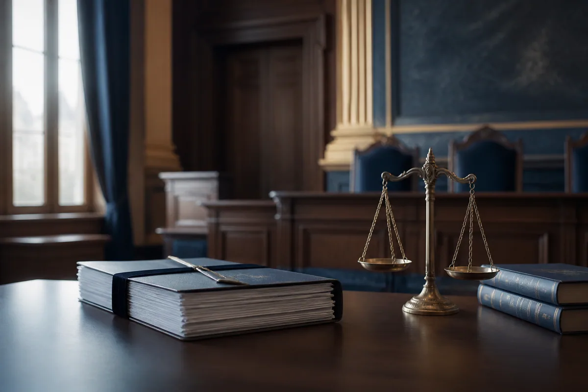 Expediente jurídico y balanza de justicia en una sala de tribunal