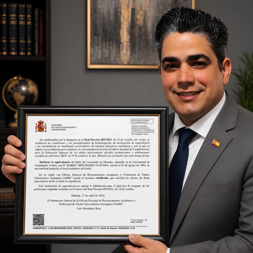 Certificado del Ministerio de Ciencia, Innovación y Universidades que declara la equivalencia del título de Licenciado en Derecho de Maikel Hernández Guevara al nivel académico de Grado